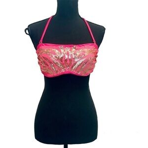 Xhilaration neon fluorescent pink metallic gold sequin bandeau bikini top Sz L